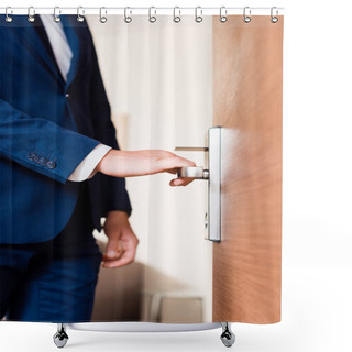 Personality  Cropped View Of Man Standing Near Door And Touching Door Handle  Shower Curtains