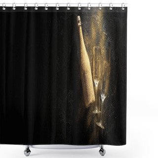 Personality  Photo Of Golden Champagne Bottle, Two Wine Glasses On Black Stone Background Shower Curtains