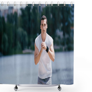 Personality  Young Sportsman In Tank Top Working Out Near River Shower Curtains