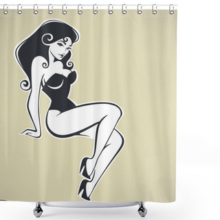 Personality  Sitting Pinup Girl On Beige Background Shower Curtains