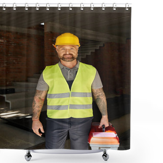 Personality  Cheerful Good Looking Builder In Safety Vest And Helmet Holding Toolbox And Looking At Camera Shower Curtains
