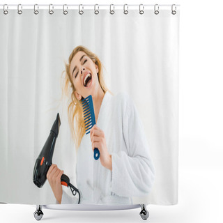 Personality  Beautiful And Smiling Woman In White Bathrobe Singing And Holding Hairdryer, Comb Shower Curtains
