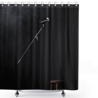 Personality  Microphone Near Curtain And Wooden Chair On Stage With Smoke Shower Curtains