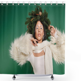 Personality  Holiday Spirit, Beautiful Asian Woman With White Makeup And Trendy Outfit Posing In Wreath On Green Shower Curtains