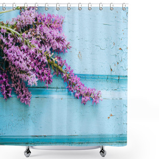 Personality  Violet Flowers Of Dactylorhiza Maculata On A Wooden Blue Background, Orchidaceae, Orchid Shower Curtains