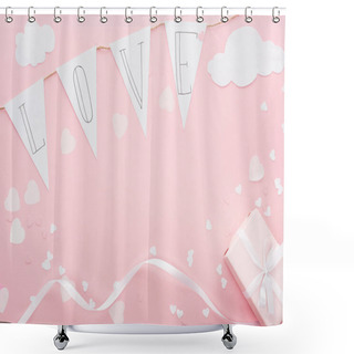 Personality  Top View Of Paper Garland With 'love' Lettering And Gift Box Isolated On Pink, St Valentines Day Concept Shower Curtains