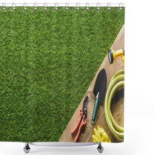 Personality  Top View Of Shovel, Secateurs, Protective Gloves And Hosepipe On Wooden Planks  Shower Curtains