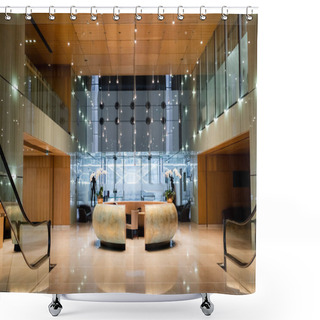 Personality  Reception In Spacious Lobby Of Modern Luxury Hotel Shower Curtains