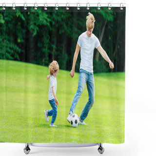 Personality  Father And Son Playing Soccer In Park Shower Curtains