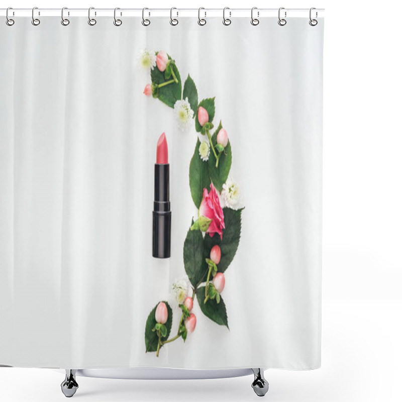 Personality  top view of composition with leaves, roses, berries, hrysanthemums and pink lipstick isolated on white shower curtains