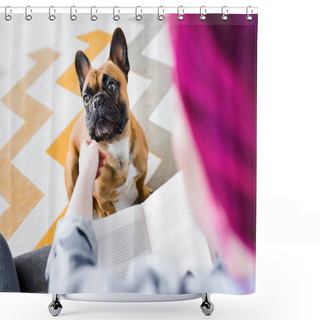 Personality  Selective Focus Of Girl With Colorful Hair Petting French Bulldog And Holding Book Shower Curtains