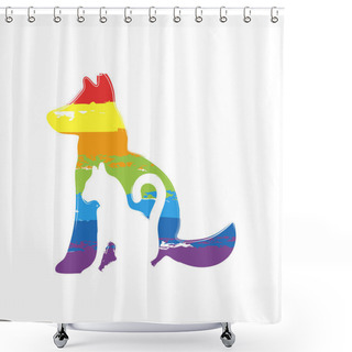 Personality  Cat And Dog Icon. Drawing Sign With LGBT Style, Seven Colors Of Rainbow Red, Orange, Yellow, Green, Blue, Indigo, Violet Shower Curtains