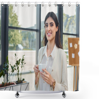Personality  A Businesswoman Savors A Cup Of Coffee Against A Cityscape Backdrop Through A Large Window In A Modern Office. Shower Curtains