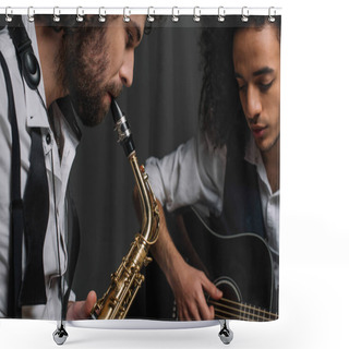 Personality  Duet Of Jazzmen Playing Sax And Acoustic Guitar On Black Shower Curtains