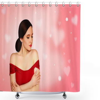 Personality  Young Beautiful Model Girl In Red Dress On Light Pink Background With Hearts. Concept Valentine's Day. Holiday Card. Shower Curtains