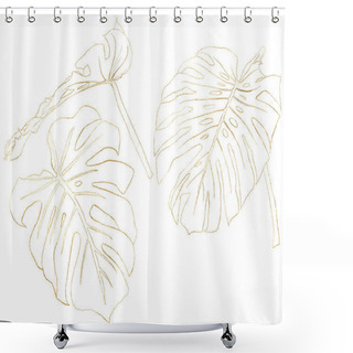Personality  Watercolor Tropical Line Art Set With Monstera Golden Branches. Hand Painted Jungle Of Palm Leaves And Twigs Isolated On White Background. Floral Illustration For Design, Print Or Background. Shower Curtains