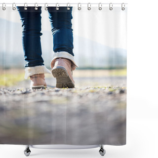 Personality  Woman In Jeans And Boots Walking Along A Rural Path  Shower Curtains