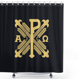 Personality  Christian Illustration. Monogram Of Jesus Christ - Chrismon. Golden Ears And Symbols Of Eternity Are Alpha And Omega. Shower Curtains