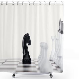 Personality  Selective Focus Of Chessboard With White Chess Figures And Black Knight Isolated On White Shower Curtains