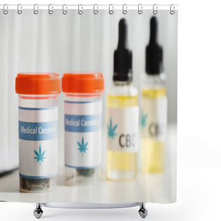 Personality  Selective Focus Of Bottles With Medical Cannabis And Cbd Lettering  Shower Curtains