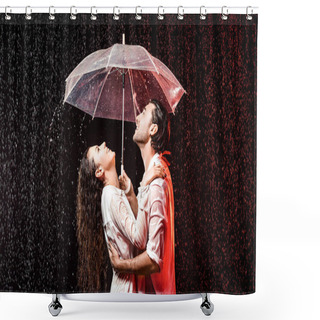 Personality  Side View Of Romantic Couple In White Shirts With Umbrella Standing Under Rain On Black Backdrop Shower Curtains