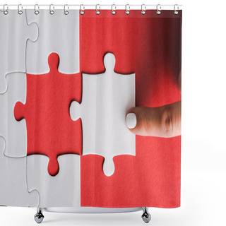 Personality  Cropped View Of Woman Pointing With Finger At Jigsaw Near Connected White Puzzle Pieces On Red Shower Curtains