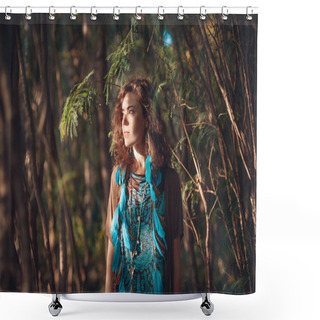 Personality  Young Beautiful Woman With Shadows On Face Outdoors Shower Curtains
