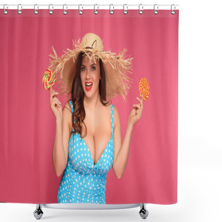 Personality  Beautiful Size Plus Model In Swimsuit Holding Lollipops And Smiling At Camera Isolated On Pink Shower Curtains