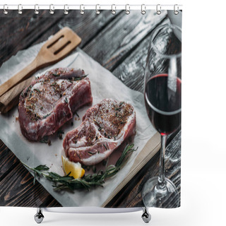 Personality  Raw Ribeye Steaks With Spices Shower Curtains