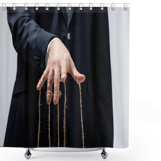 Personality  Partial View Of Puppeteer In Suit With Strings On Fingers Isolated On Grey Shower Curtains