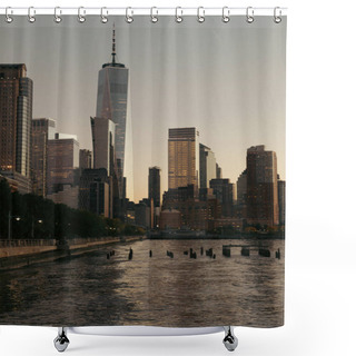 Personality  Skyscraper And Buildings Of World Trade Center During Sunset In New York City Shower Curtains