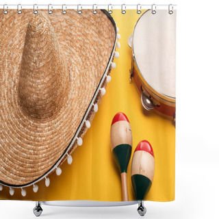 Personality  Wooden Colorful Maracas Near Sombrero And Tambourine On Yellow Background Shower Curtains