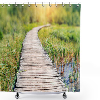 Personality  The Path Of The Wooden Plates Among The Picturesque Vegetation And Pond. Shower Curtains