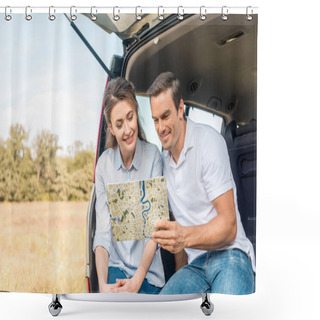 Personality  Beautiful Adult Couple Sitting In Car Trunk And Looking At Map Shower Curtains