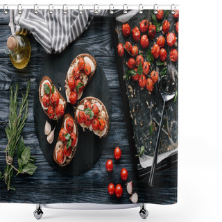 Personality  Delicious Sandwiches With Mozzarella And Baked Tomatoes On Dark Slate Board Shower Curtains