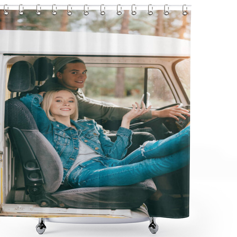 Personality  Couple Of Travelers In Minivan Shower Curtains