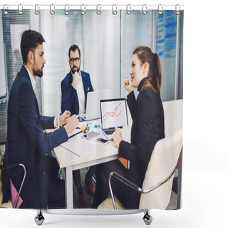 Personality  Working Team Of Business People Sitting At Table In Meeting Room With Modern Computers, Clever Workers Analyzing And Discussing New Strategy Development Of Company Using Graphics On Netbooks Shower Curtains