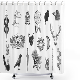 Personality  Witchcraft And Magic Vector Collection. Hand Drawn Occult Symbols On White Background. Shower Curtains