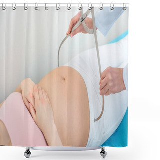 Personality  Cropped Shot Of Obstetrician Gynecologist Measuring Pelvis Size Of Pregnant Woman With Pelvimeter Shower Curtains