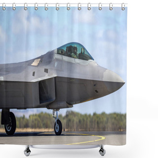 Personality  Avalon, Australia - March 2, 2013: United States Air Force (USAF) Lockheed Martin F-22A Raptor Fifth-generation, Single-seat, Twin-engine, Stealth Tactical Fighter Aircraft. Shower Curtains
