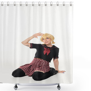 Personality  Tattooed Blonde Woman In Stylish School Uniform Sitting And Waving Hand On White, Anime Style Shower Curtains