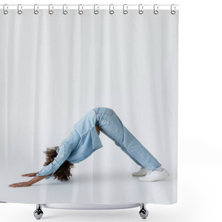 Personality  Side View Of African American Woman In Denim Clothes Standing In Dolphin Pose On Grey Background Shower Curtains