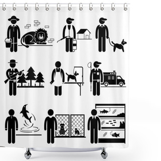 Personality  Animals Jobs Occupations Careers - Zookeeper, Exterminator, Dog Trainer, Wildlife Officer, Groomer, Control, Dolphin, Shelter, Aquarium - Stick Figure Pictogram Shower Curtains