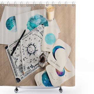 Personality  Selective Focus Of Birth Chart And Cards With Watercolor Drawings Of Moon Phases And Candle On Table Shower Curtains