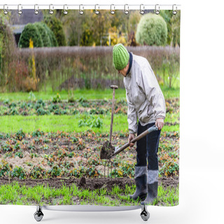 Personality  Female Farmer Digging In The Garden, Soil Preparing For Planting In Autumn, Gardening Shower Curtains