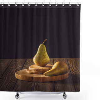 Personality  Close-up Shot Of Ripe Pears On Stacked Boards And On Rustic Wooden Table On Black Shower Curtains