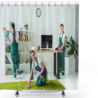 Personality  Collage Of Professional Young Cleaning Company Worker Cleaning Modern Office Shower Curtains