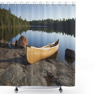 Personality  Yellow Canoe On Rocky Shore Of Calm Lake With Pine Trees Shower Curtains