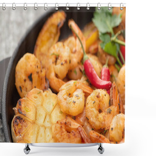 Personality  Close Up View Of Fried Shrimps With Grilled Corn, Chili Peppers Shower Curtains