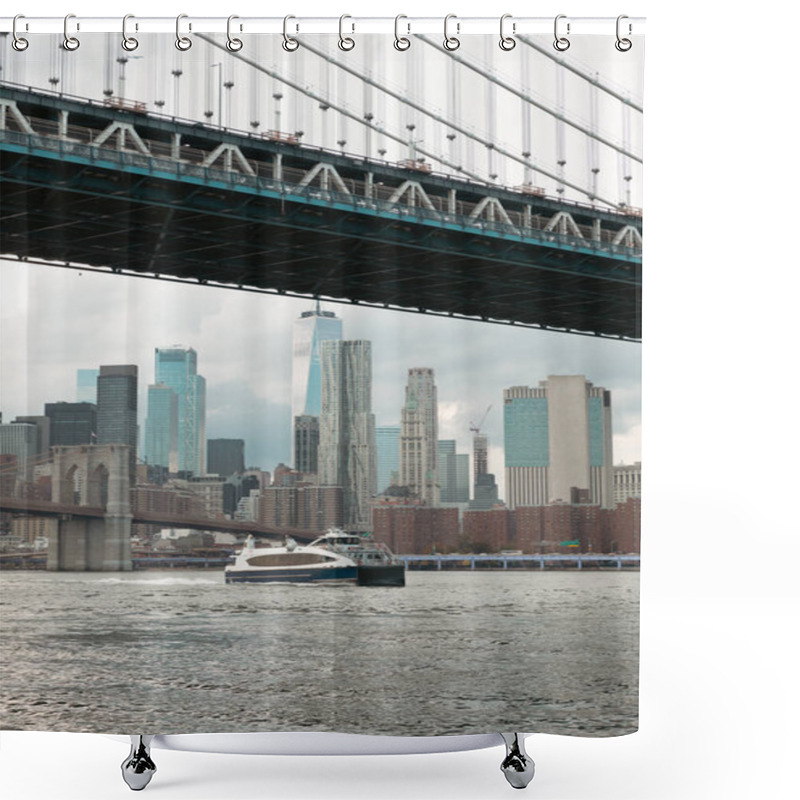 Personality  yacht on Hudson river near Manhattan and Brooklyn bridges and scenic view of New York City skyscrapers shower curtains